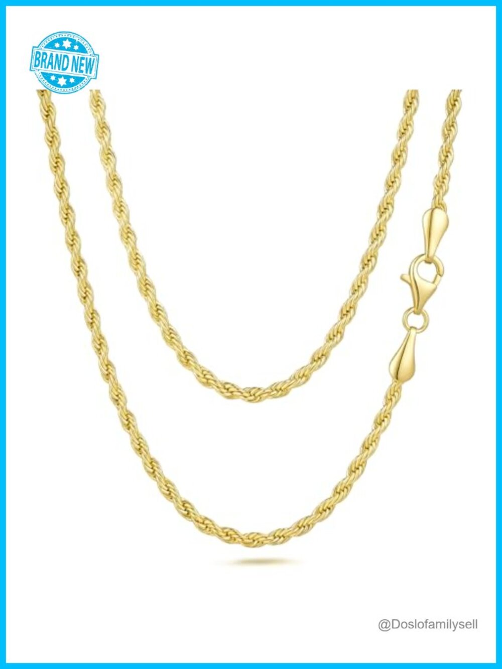 14K Gold Plated Rope Chain Necklace 2.5mm Lobster Clasp